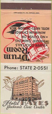Matchbook Cover - Hotel Hayes Jackson MI 30 Strike