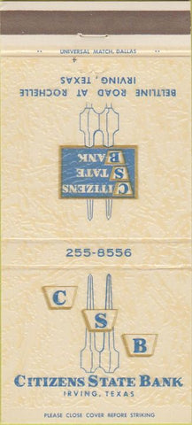 Matchbook Cover - Citizens State Bank Irving TX 30 Strike