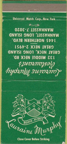 Matchbook Cover - Lauraine Murphy Restaurant Manhasset LI 30 Strike