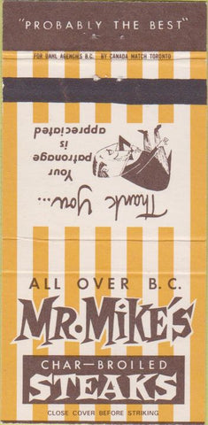 Matchbook Cover - Mr Mike's Steaks BC Canada chain 30 Strike