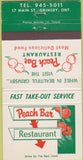 Matchbook Cover - Peach Bar Restaurant Grimsby ON 30 Strike