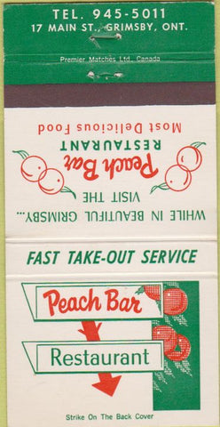 Matchbook Cover - Peach Bar Restaurant Grimsby ON 30 Strike