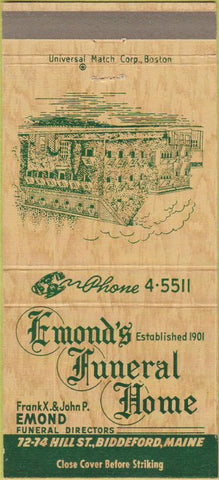 Matchbook Cover - Edmonds Funeral Home Biddeford ME 30 Strike