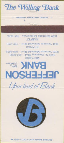 Matchbook Cover - Jefferson Bank Trust Metairie Kenner Harvey LA 30 Strike
