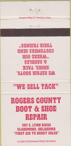Matchbook Cover - Rogers County Boot Shoe Repaire Claremore OK 30 Strike