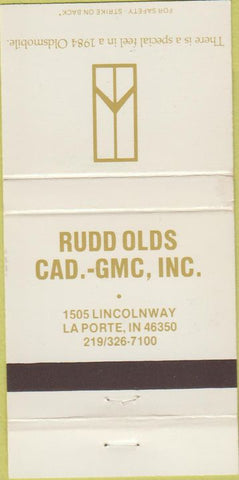 Matchbook Cover - Rudy Oldsmobile Cadillac GMC La Porte IN 30 Strike