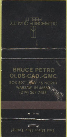 Matchbook Cover - Petro Oldsmobile Cadillac GMC Warsaw IN WORN 30 Strike