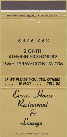 Matchbook Cover - Evans House Restaurant Arlington Heights IL 30 Strike
