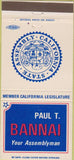 Matchbook Cover - Paul T Bannai Assemblyman California CA 30 Strike