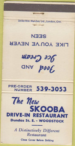 Matchbook Cover - New Skooba Drive In Restaurant Woodstock ON 30 Strike