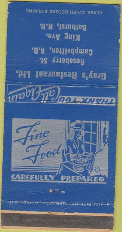 Matchbook Cover - Gray's Restaurant Bathurst NB 30 Strike