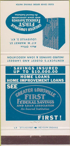 Matchbook Cover - Greater Louisville First Federal Bank KY 30 Strike