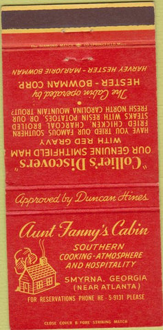 Matchbook Cover - Aunt Fanny's Cabin Smyrna GA 30 Strike