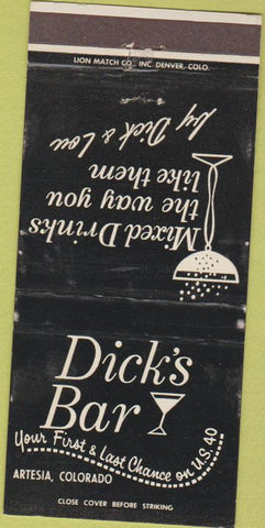 Matchbook Cover - Dick's bar Artesia CO 30 Strike