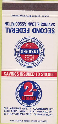 Matchbook Cover - 2nd Federal Savings Loan covington Taylor Mill KY 30 Strike