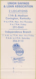 Matchbook Cover - Union Savings Loan Covington KY 30 Strike