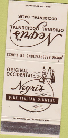 Matchbook Cover - Negri's Italian Restaurant Occidental CA white 30 Strike
