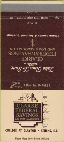 Matchbook Cover - Clarke Federal Savings Athens GA 30 Strike