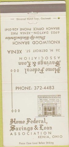 Matchbook Cover - Home Federal Savings Loan Xenia OH 30 Strike