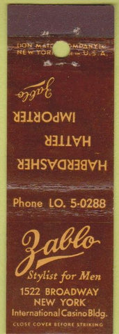 Matchbook Cover - Zablo New York City men's clothes Midget