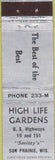 Matchbook Cover - High Life Gardens Sun Praire WI Midget