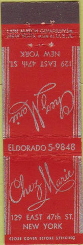 Matchbook Cover - Chez Marie New York City Midget
