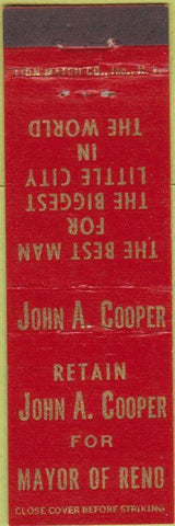 Matchbook Cover - John Cooper Mayor of Reno NV Midget