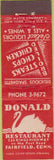 Matchbook Cover - Donald Restaurant Fairfield CT Midget
