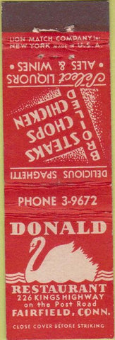 Matchbook Cover - Donald Restaurant Fairfield CT Midget