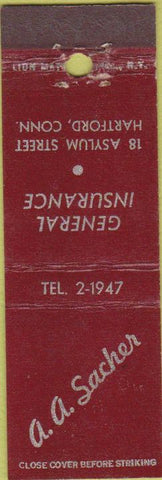 Matchbook Cover - Sacher Insurance Hartford CT Midget