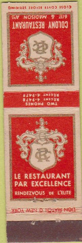 Matchbook Cover - Colony Restaurant New York City Midget