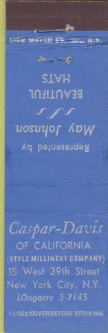 Matchbook Cover - Casper Davis Hats New York City Midget