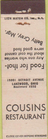Matchbook Cover - Cousins Restaurant Lakewood OH Midget