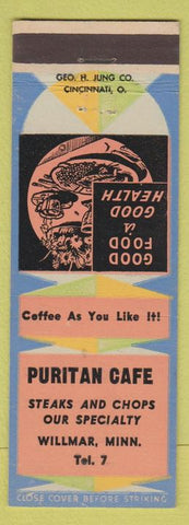 Matchbook Cover - Puritan Cafe Willmar MN low phone #