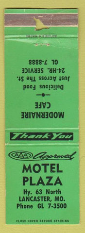 Matchbook Cover - Motel Plaza Lancaster MO WEAR Modernaire Cafe