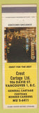 Matchbook Cover - Crest Cartage Ltd Vancouver BC