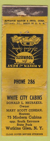 Matchbook Cover - White City Cabins Watkins Glen NY Advance WORN