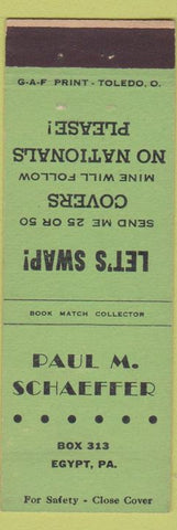 Matchbook Cover - Paul M Schaeffer Match Collector Egypt PA
