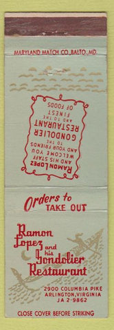 Matchbook Cover - Gondolier Restaurant Arlington VA