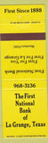 Matchbook Cover - First National Bank of La Grange TX