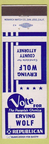 Matchbook Cover - Erving Wolf Republican Election County Attorney