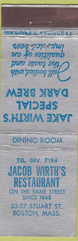 Matchbook Cover - Jacob Wirth's Restaurant Boston MA