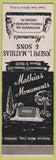 Matchbook Cover - Joseph Mathias Monuments Headstones Hanover PA Westminster MD
