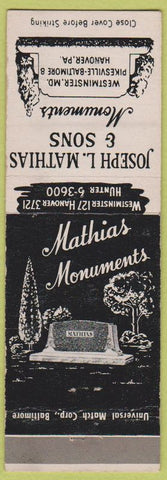Matchbook Cover - Joseph Mathias Monuments Headstones Hanover PA Westminster MD