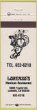 Matchbook Cover - Lorenzo's Mexican Restaurant Loomis CA