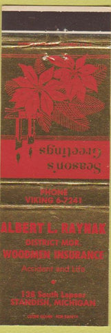 Matchbook Cover - Albert Raynak Woodmen Insurance Standish MI Christmas