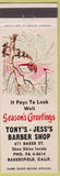 Matchbook Cover - Tony's Jess's Barber Shop Bakersfield CA Christmas