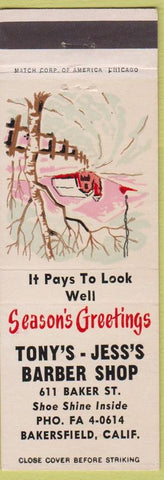 Matchbook Cover - Tony's Jess's Barber Shop Bakersfield CA Christmas