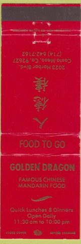 Matchbook Cover - Golden Dragon Chinese Food Costa Mesa CA