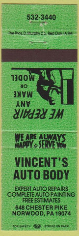 Matchbook Cover - Vincent's Auto Body Norwood PA